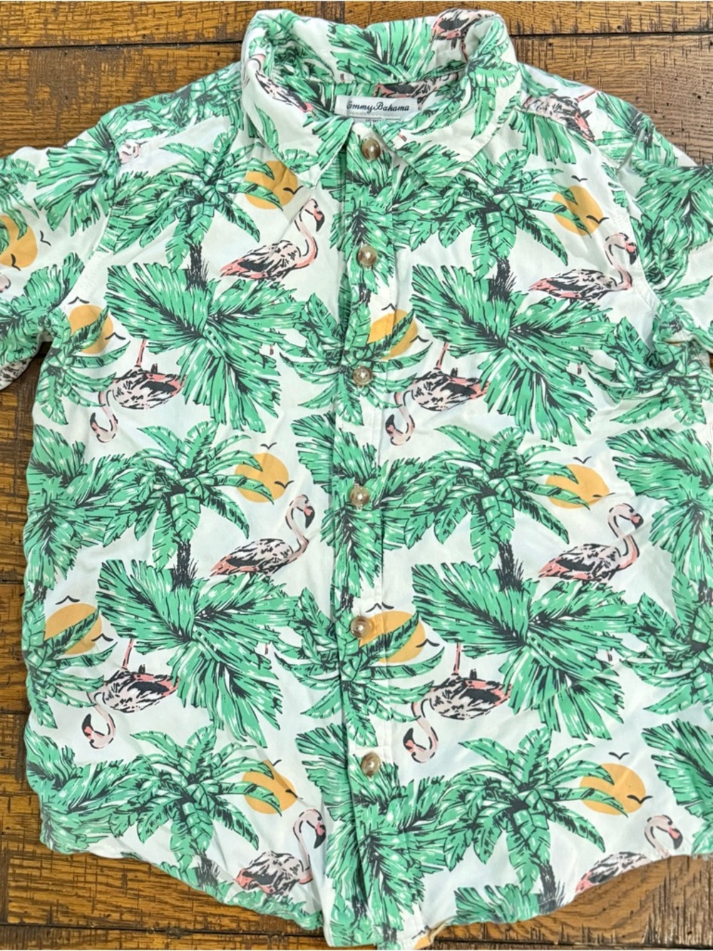 Tommy Bahama Boys Hawaiian Shirt Size M 7/8 Palm Tree Flamingo Button Up